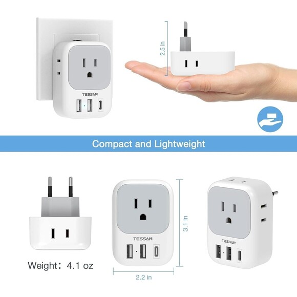 Tessan Type C Travel Adapter with USB Port - TS-AP2U-EU-White Gray - Picture 2 of 6